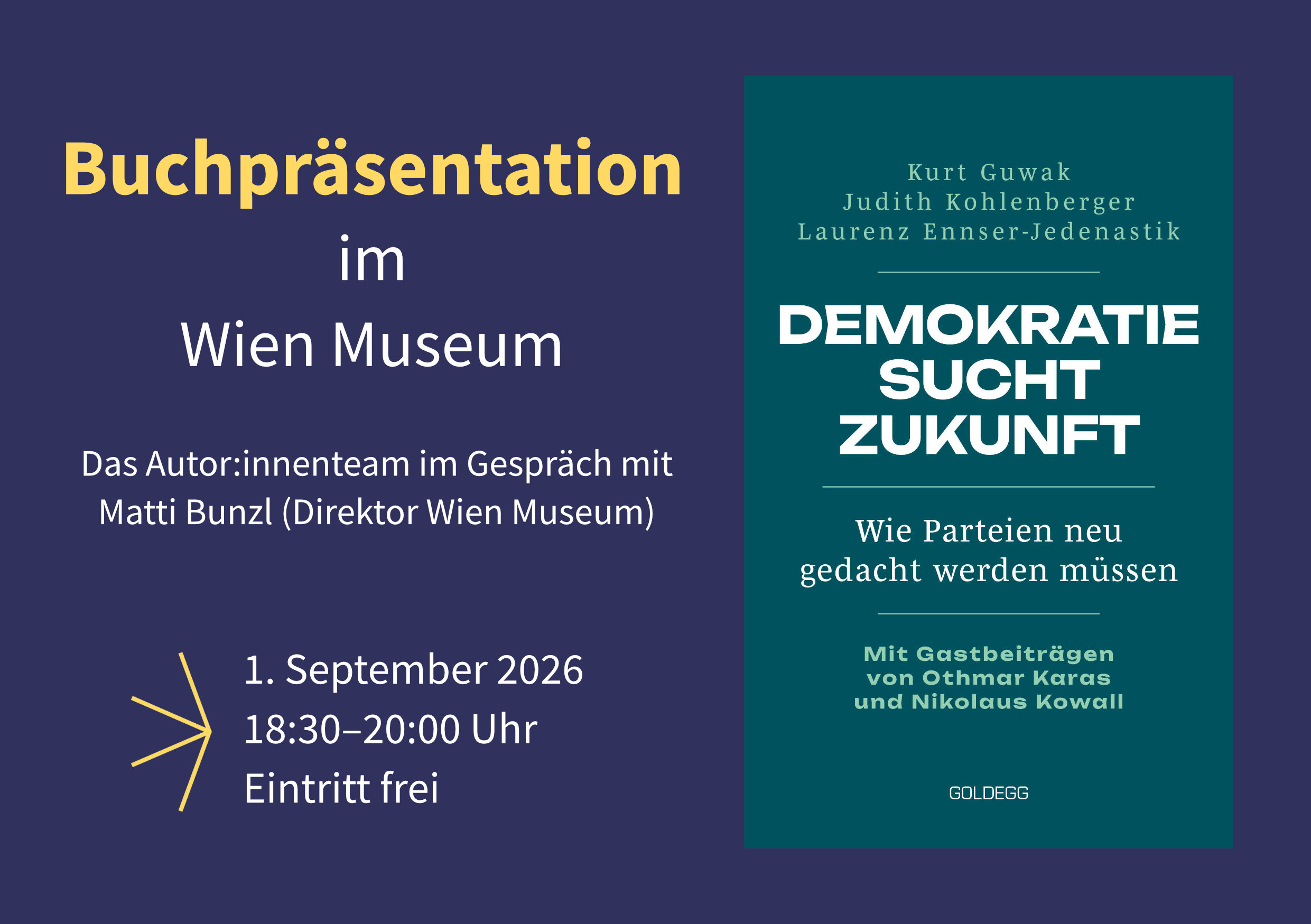 Zu sehen ist der Veranstaltungsflyer für die Buchpräsentation von Demokratie sucht Zukunft. Das Cover des Buches auf dunkelblauem Hintergrund.